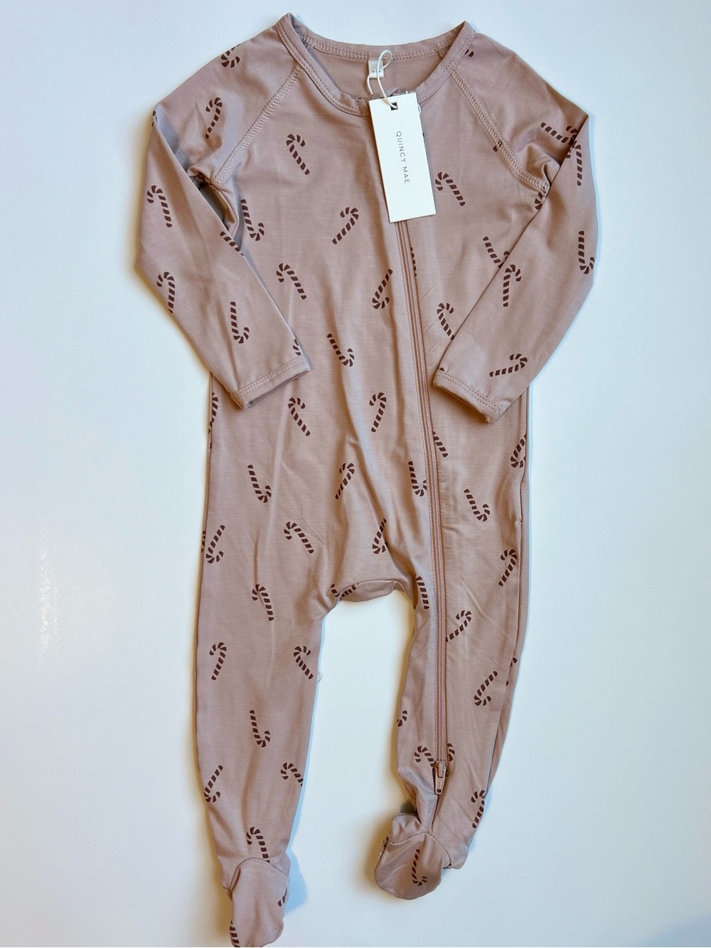 Quincy Mae Mauve Footed One-Piece with Candy Cane Print